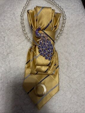 Gold Plaid Necklace with Purple Peacock Brooch